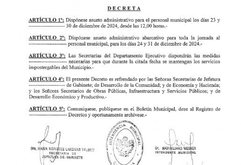 Empleados municipales tendrn asueto 24 y 31 de diciembre